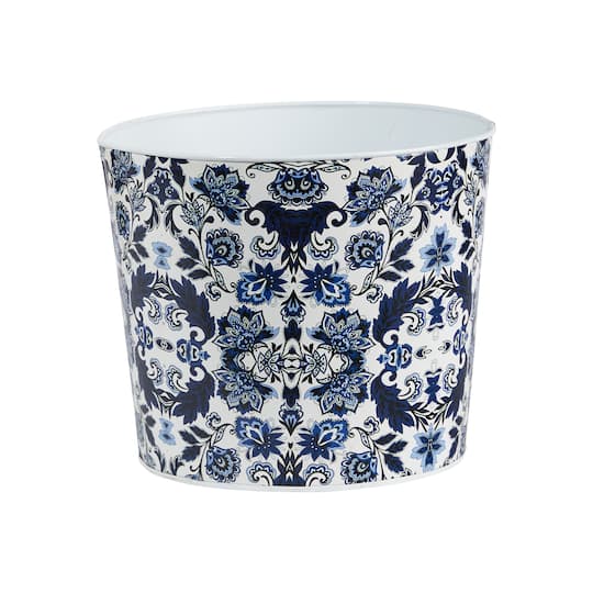 12&#x22; Oriental Blue and White Classic Round Metal Planter